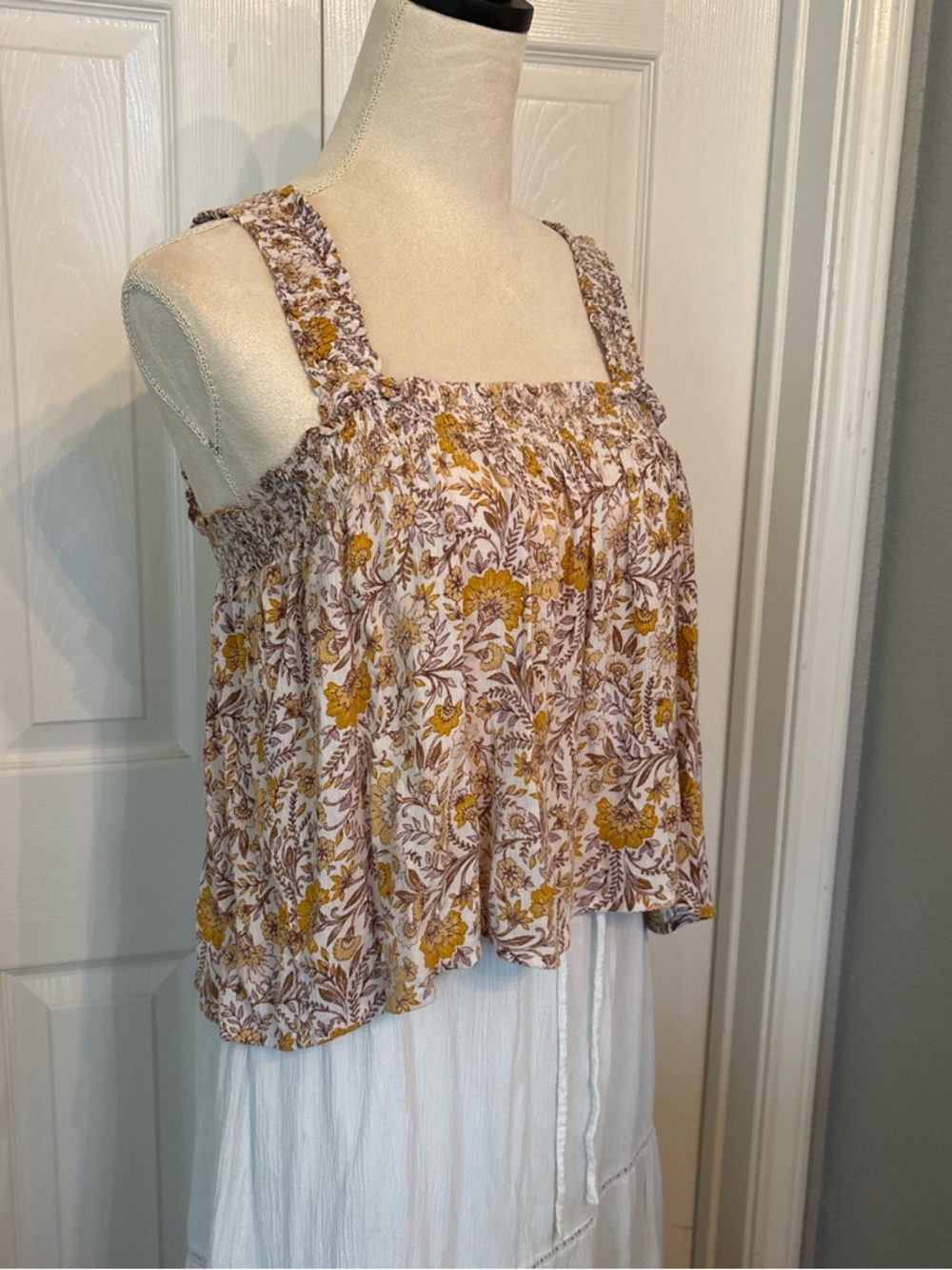 Patrons of Peace White Floral Smocked Square-Neck Tank with Mustard Print - Picture 2 of 7